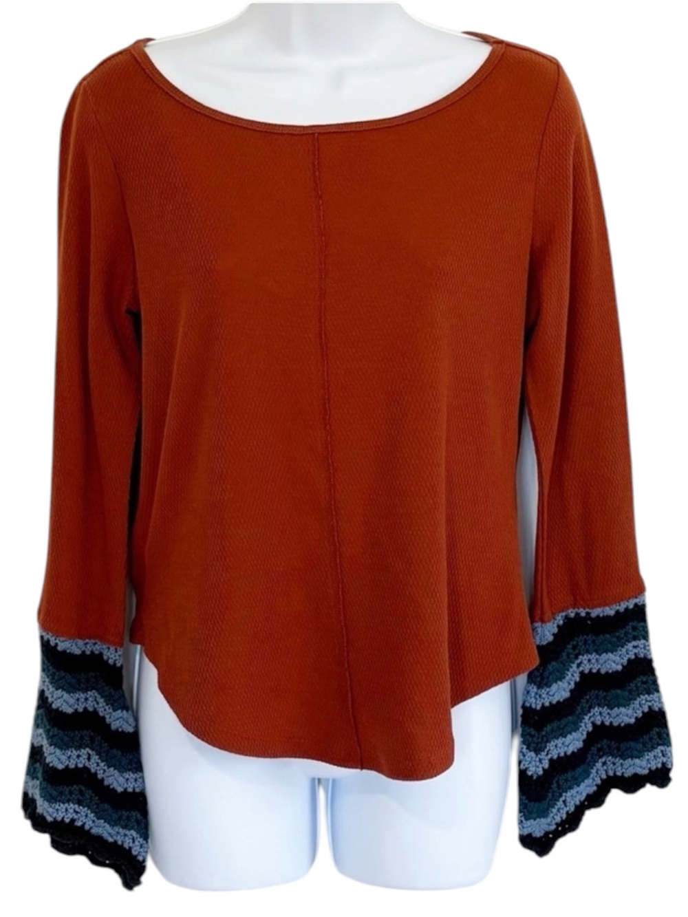 PILCRO Anthropologie Waffle Knit Thermal Top Rust Orange Crochet Bell Sleeve Sm - Picture 2 of 10